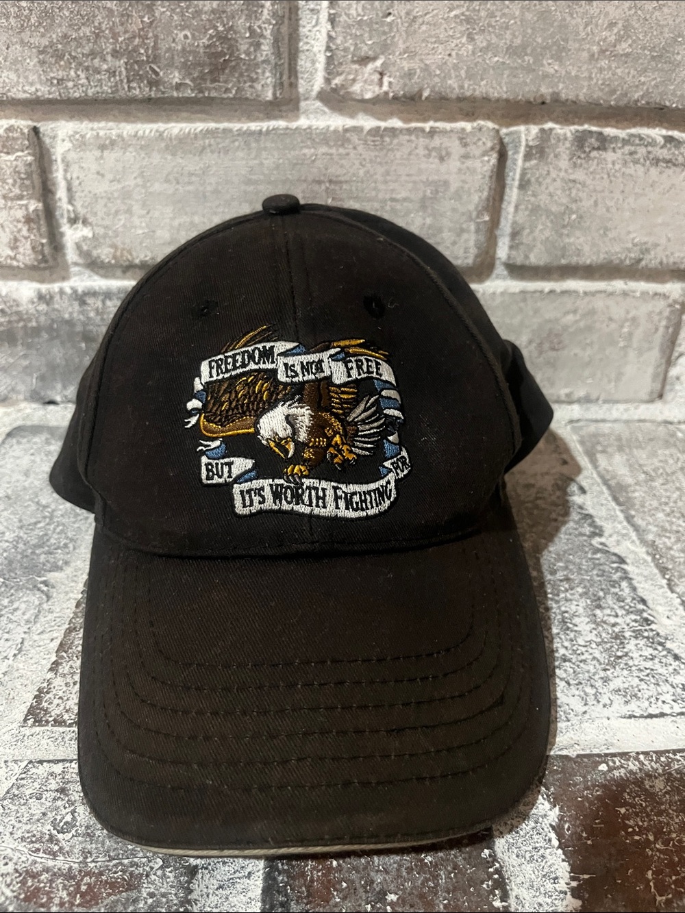 Black Baseball Cap with Embroidered Eagle and Banner